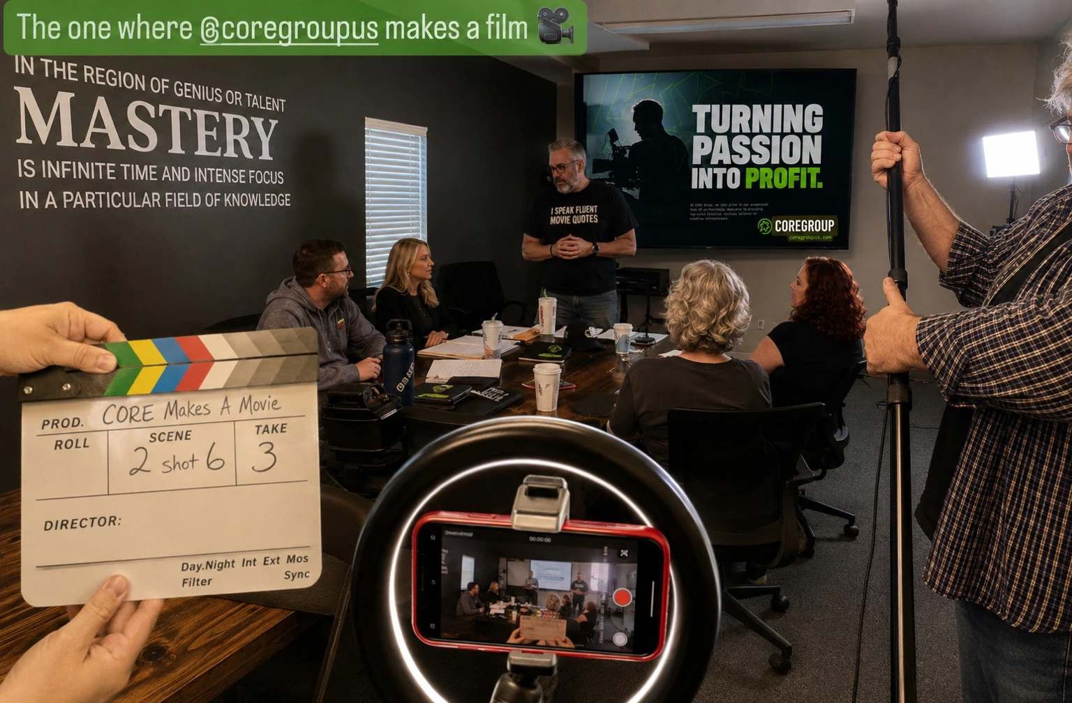 Behind-the-scenes view of a filmed business production